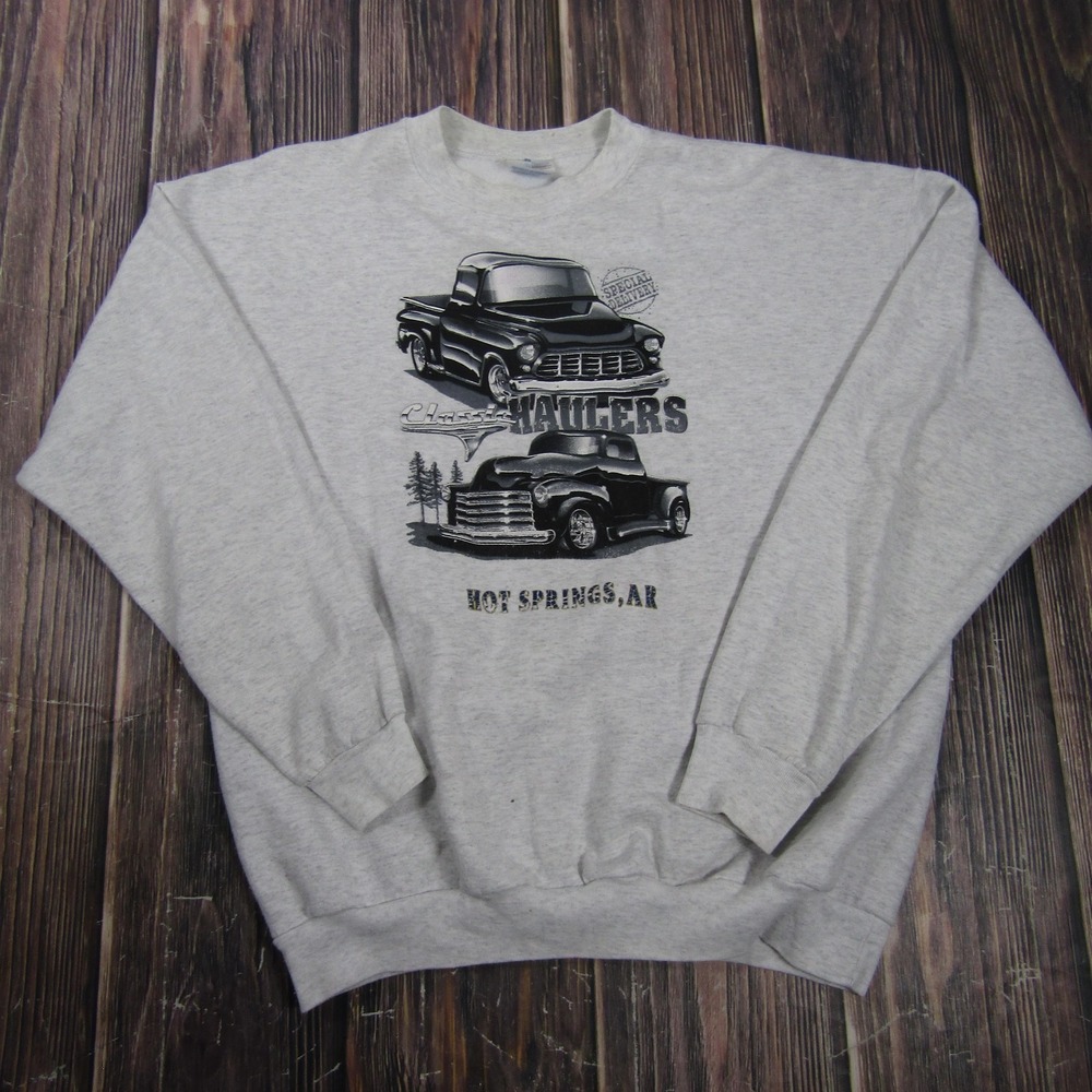 Hanes Sweatshirt Mens L Gray Classic Haulers Trucks Graphic Fleece Pullover‎